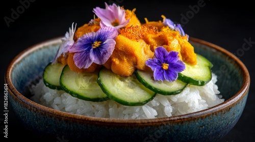 Wallpaper Mural Colorful Sushi Creation Garnished with Edible Flowers and Fresh Cucumbers on a Bed of Sticky Rice for Gourmet Food Photography Torontodigital.ca
