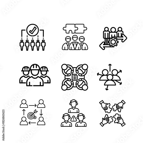 Teamwork icons showing collaborative groups, unity symbols, connected people, shared goals, leadership, and cooperative workplace concepts.