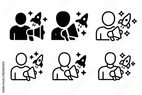 Influencer Marketing Logos. Influencer-led product launches and marketing campaigns. Icon set. Set Logo of influencer marketing: audience engagement.