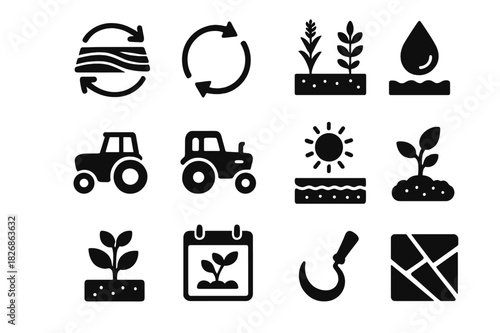 Crop Rotation Icons. Crop rotation. Solid icon set of Crop rotation: field plot, arrows indicating rotation, different plants, farm tractor, soil layers, sun,