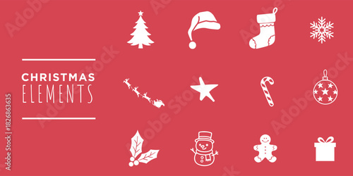 Flat & Minimal Assets for Holiday Design, Pattern, and Decor. Includes Santa, Tree, Snowman, Gifts, Star, Candy Cane, Wreath, Lights, and New Year Cheer. 