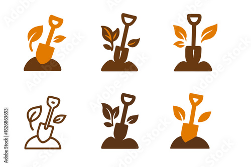 Autumn Garden Logos. Autumn garden care and planting for the season. Icon set. Set Logo of autumn garden care and planting for the season: spade digging into