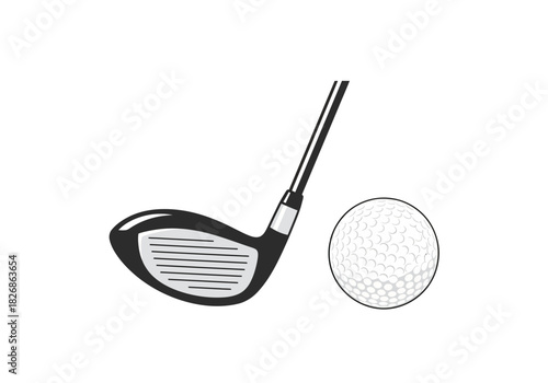 Golf club driver head and dimpled ball isolated on white background