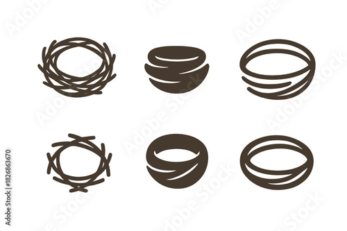 Nest Logo Variations. Nest. Icon set. Set Logo of nest: woven twigs and branches. harmonious logo variations of the same emblematic concept, each