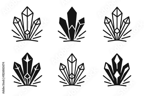 Crystal Energy Logos. Explosion of energy from crystals. Icon set. Set Logo of crystal energy: radiant prism shards. harmonious logo variations of the same