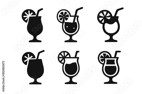 Mocktail Logo Set. Mocktails. Icon set. Set Logo of mocktails: fruit garnish and glass combined into a cheerful emblem. harmonious logo variations of the same