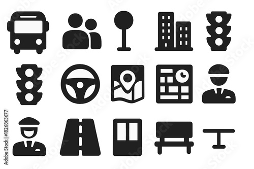 Urban Transport Icons. Urban Transportation. Solid icon set of Urban Transportation: bus, passengers, stop sign, city building, traffic light, wheel, map,