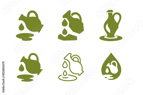 Olive Oil Logos. pouring olive oil. Icon set. Set Logo of pouring olive oil: oil splash. harmonious logo variations of the same emblematic concept, each with