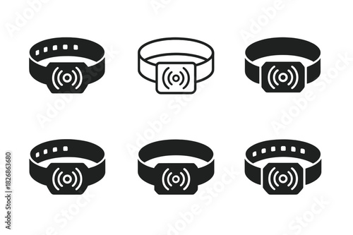 Wristband Icon Designs. Wristbands. Icon set. Set Logo of wristbands: event RFID band. harmonious logo variations of the same emblematic concept, each with
