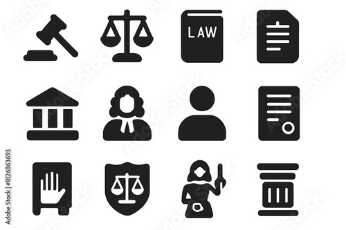 Law and Justice Icons. Law and justice. Solid icon set of Law and justice: gavel, scales, law book, constitution, courthouse, judge icon, citizen silhouette,