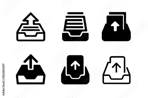 Outgoing Mail Icons. Outgoing mail tray. Icon set. Set Logo of outgoing mail tray: document stack leaving tray. harmonious logo variations of the
