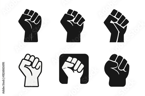 Clenched Fist Icons. Fist clenching. Icon set. Set Logo of fist clenching: raised clenched fist symbolizing strength. harmonious logo variations of the same