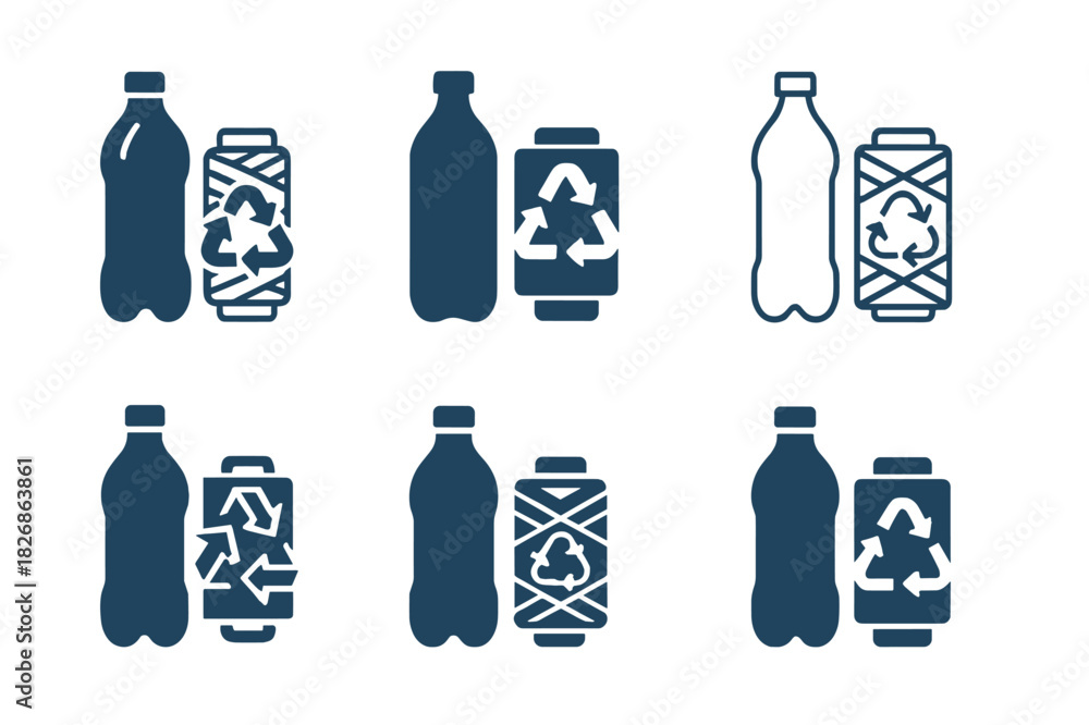 Fototapeta premium Plastic Recycling Logos. Plastic recycling and upcycling innovations. Icon set. Set Logo of Plastic recycling and upcycling innovations: bottle-to-fiber