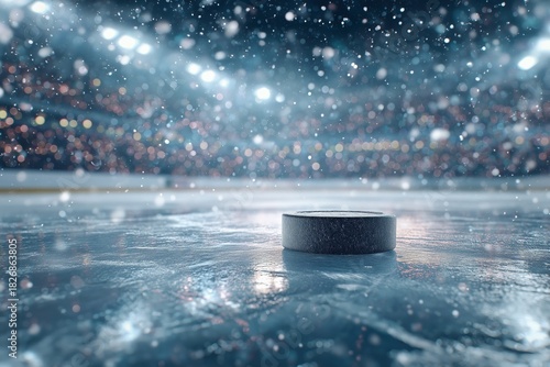 Hockey Puck on Ice Surface With Arena Lights Shining During an Evening Game