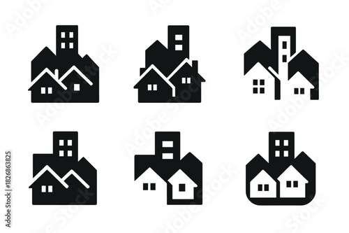 Mixed-Use Neighborhood Logos. Mixed-use neighborhoods. Icon set. Set Logo of mixed-use neighborhoods: neighborhood skyline blending urban and residential