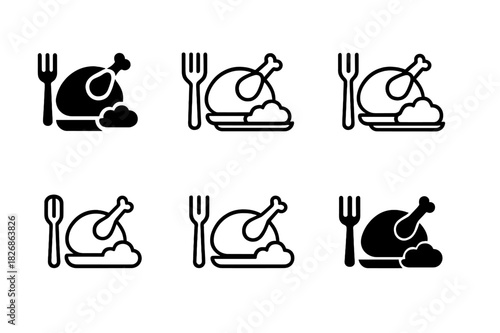 Roasted Chicken Logos. Preparing a roasted chicken with a side of mashed potatoes. Icon set. Set Logo of roasted chicken meal: roasted chicken with herbs.