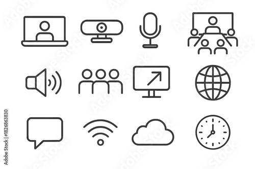 Hybrid Meeting Icons. Hybrid meetings. Line icon set of hybrid meetings: laptop, camera, microphone, conference room, speaker, participants, screen share,