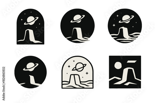 Alien Relic Icons. The Search for Ancient Extraterrestrial Life. Icon set. Set Logo of galactic mystery: glowing relic beneath alien sky. harmonious logo