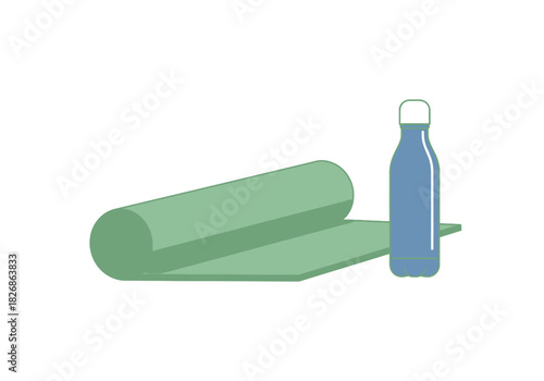 Illustration of a partially rolled green mat beside a blue reusable water bottle
