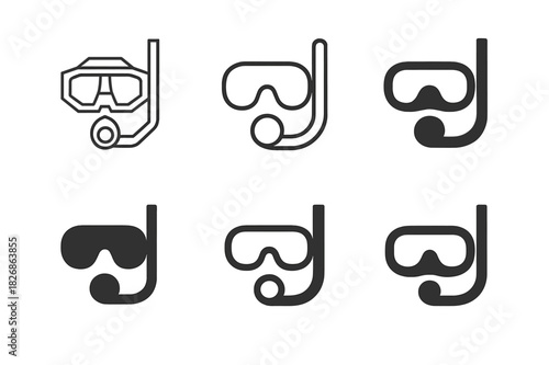 Diving Mask Logos. Pearl divers. Icon set. Set Logo of diving mask and snorkel. harmonious logo variations of the same emblematic concept (Abstract geometric,