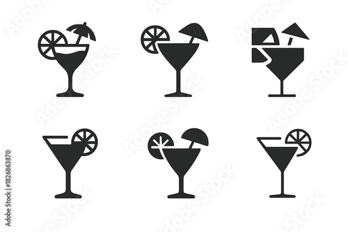 Mocktail Logo Variations. Mocktails. Icon set. Set Logo of mocktails: cocktail glass with citrus slice and umbrella. harmonious logo variations of the same