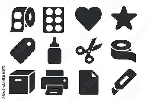 Sticker Label Icons. Sticker Labels. Solid icon set of Sticker Labels: label roll, sticker sheet, heart, star, tag, glue bottle, scissors, tape, box, printer,
