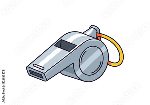 Illustration of a silver metal whistle with a yellow cord attached