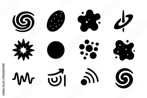 Cosmic Icons Grid. Deep space features. Solid icon set of Deep space features: spiral galaxy, elliptical galaxy, nebula, quasar, supernova remnant, void,