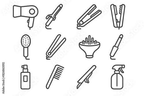 Hair Styling Tools Icons. Hair styling tools. Line icon set of hair styling tools: hairdryer, curling iron, flat iron, hair crimper, hot brush, straightener,