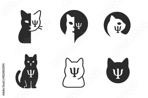 Quantum Computing Logos. Quantum computing visualized as art. Icon set. Set Logo of Quantum computing visualized as art: Schrodinger?s cat with psi symbol.
