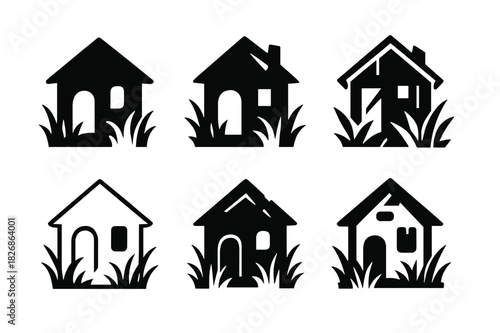 Abandoned House Logos. Dilapidated house with no sign of life. Icon set. Set Logo of abandoned home: overgrown structure. harmonious logo variations of the