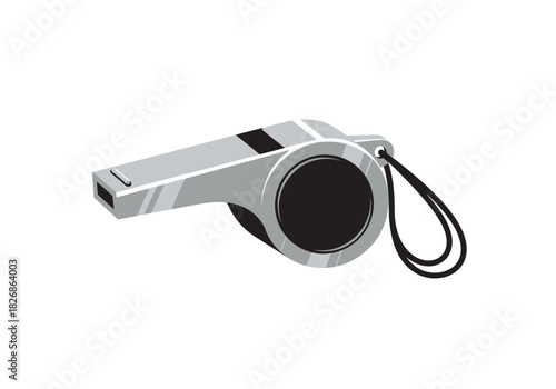 Silver and black referee whistle with a black lanyard on a white background