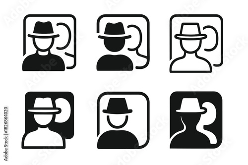 Hat Mirror Icons. Trying on a hat in a mirror. Icon set. Set Logo of trying on a hat: person wearing stylish hat in mirror. harmonious logo variations of the