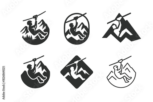 Adventure Park Logos. Outdoor adventure parks and zip-lining. Icon set. Set Logo of outdoor adventure parks and zip-lining: zip-line pulley over mountain