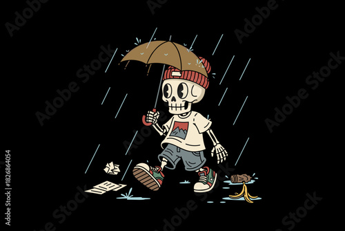Skeleton character walking in the rain with an umbrella.