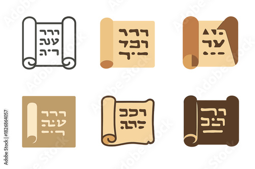 Archaeological Icon Set. Famous archeological discoveries and their significance. Icon set. Set Logo of Dead Sea Scrolls: rolled parchment scrolls with ancient