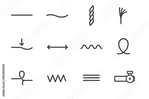 Thread Tension Icons. Thread tension. Line icon set of thread tension: taut thread, loose thread, twisted yarn, frayed end, pulled thread, stretched fiber,