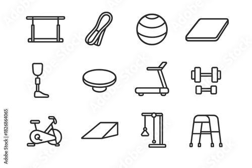 Rehabilitation Tools Icons. Rehabilitation Tools. Line icon set of Rehabilitation Tools: parallel bars, resistance bands, exercise ball, therapy mat,