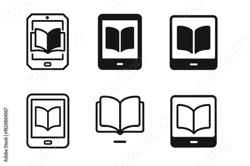 Book Logo Variations. Book recommendations. Icon set. Set Logo of books: digital tablet with open book icon. harmonious logo variations of the same emblematic