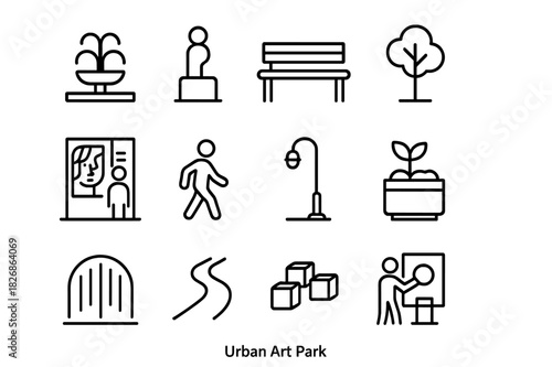 Urban Art Icons. Urban Art Park. Line icon set of Urban Art Park: fountain, sculpture, bench, tree, mural, pedestrian, street lamp, planter, light