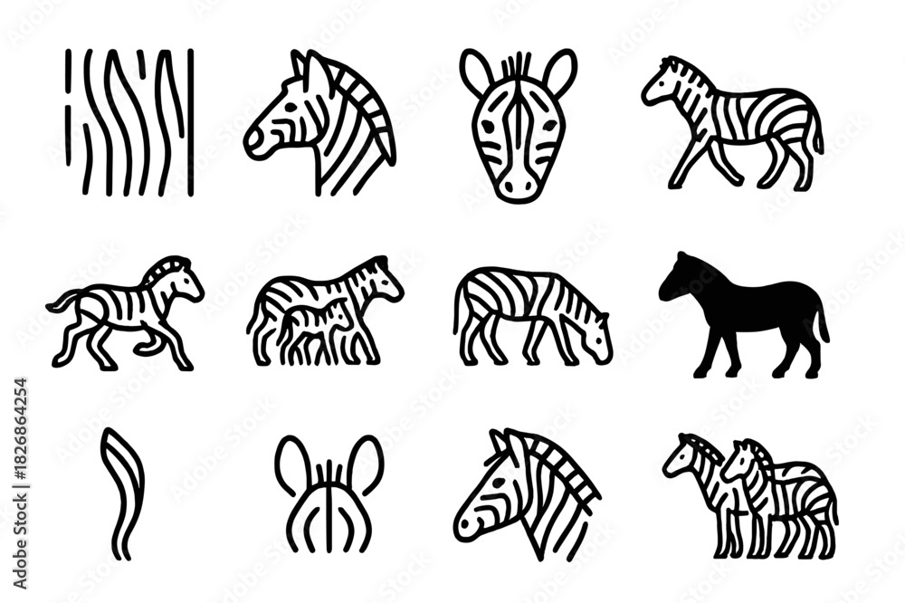 Fototapeta premium Zebra Icon Collection. Zebra Pattern Icons. Line icon set of Zebra Pattern Icons: zebra stripes pattern, zebra head, zebra face close-up, standing zebra,