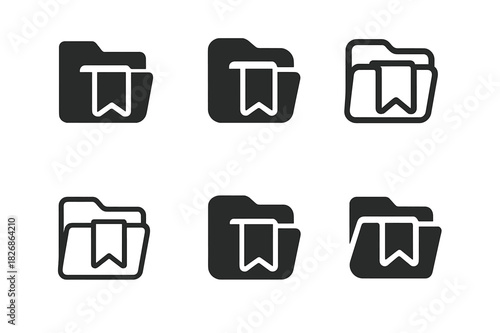 Saved Post Icons. Saved post folder mockup. Icon set. Set Logo of saved post folder mockup: open document folder with layered bookmark marks. harmonious logo