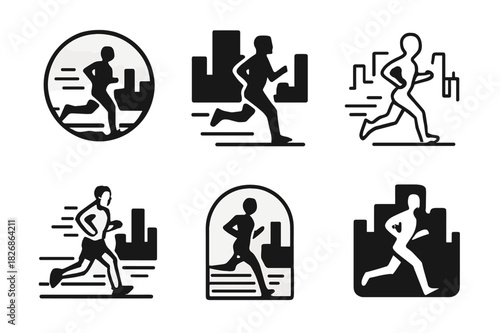 Urban Jogging Icons. A person jogging along the waterfront in the city, enjoying the view of the skyline. Icon set. Set Logo of a person jogging along the