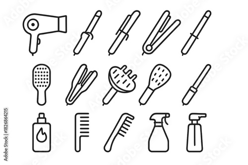 Hair Styling Tools Icons. Hair styling tools. Line icon set of hair styling tools: hairdryer, curling iron, flat iron, hair crimper, hot brush, straightener,