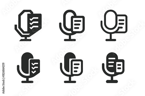 Conference Call Icon Set. Taking notes during a conference call. Icon set. Set Logo of Taking notes during a conference call: microphone with checklist.