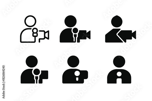 Transmitting Live Icons. Transmitting live. Icon set. Set Logo of transmitting live: person with microphone and camera. harmonious logo variations of the same