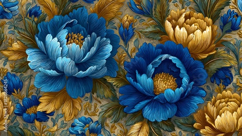Richly colored botanical pattern features vibrant blue and golden floral elements
