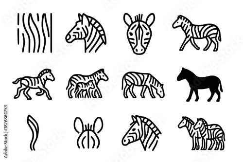 Zebra Icon Collection. Zebra Pattern Icons. Line icon set of Zebra Pattern Icons: zebra stripes pattern, zebra head, zebra face close-up, standing zebra,