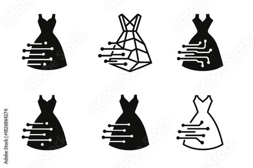 Digital Infusion Fashion. Fashion and Technology (Wearable Tech, Smart Clothing). Icon set. Set Logo of digital couture: abstract dress formed by data streams.