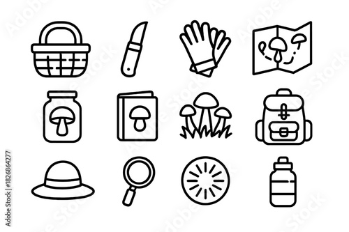 Mushroom Foraging Kit Icons. Mushroom Foraging Kit. Line icon set of Mushroom Foraging Kit: basket, knife, gloves, map, jar, field guide, mushroom patch,